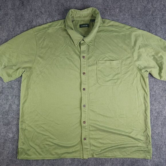 Orvis Shirt 2XL Green Solid Short Sleeve Button Up‎ Pocket Heavyweight Outdoors - Picture 1 of 9
